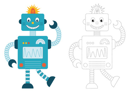 Set of cartoon robots. Vector illustration and connect the dots.のイラスト素材