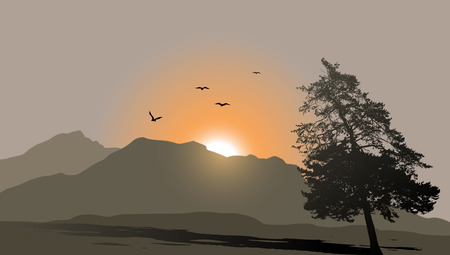 Mountain view with flying birds during sunriseのイラスト素材