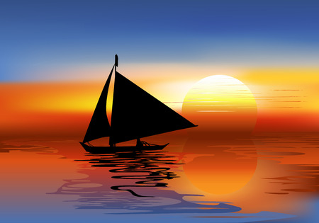 A Tropical Landscape Sunset with a boatのイラスト素材