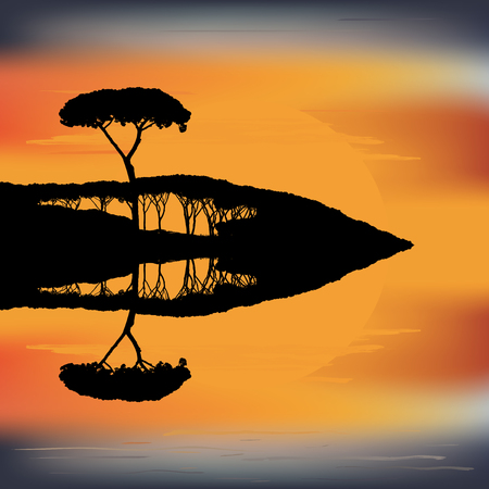 Sunset from the trees and reflect together with sky in the water surface. Striking sunset above the lake with bright sky.のイラスト素材