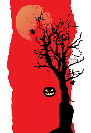 The pumpkin is hanging on the tree. Halloween background with place for your textのイラスト素材