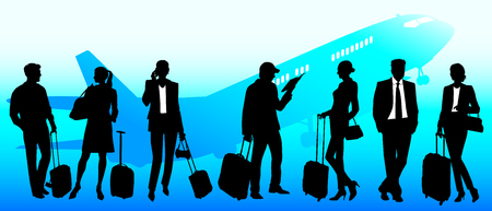 Business travel, people at the airport - global team - vector silhouettesのイラスト素材