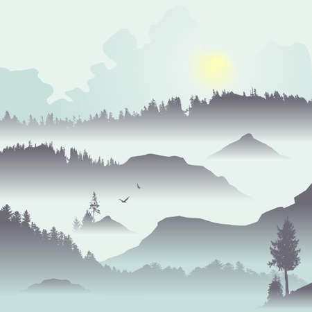 Mountain view with flying birds during sunrise. Vector illustrationのイラスト素材