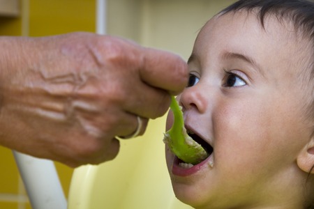 Grandmother feeding her little baby granddaughter at homeの写真素材