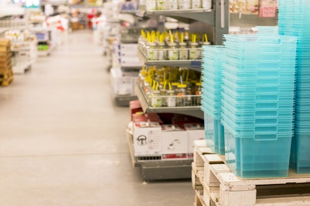 A hardware store. Boxes, jars, tubes, boxes, palletsの写真素材