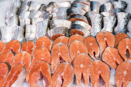 Salmon Fillet in Ice on the supermarket counterの写真素材