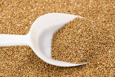spoon with buckwheat on the background of buckwheat.の写真素材