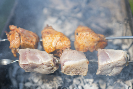 Shish kebab is baked over a fire with smoke. Camping and delicious food.の写真素材
