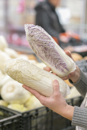 Young woman buing cabbage in a supermarket. Healthy food, vegetarian foodの写真素材
