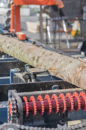 Partially milled log on a portable lumber milling machine. vertical photo.の写真素材