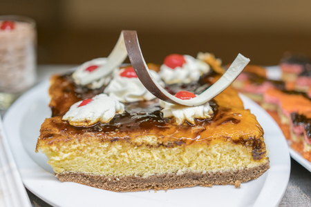 Closeup of tasty cake with jelly, chocolate chips and fruits. desserts in the restaurant. Dessert - Cake with Chocolateの写真素材