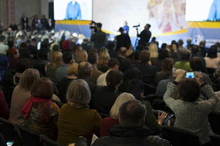 People in the hall listen to the lecturer. Businessman and people Listening on The Conferenceの写真素材