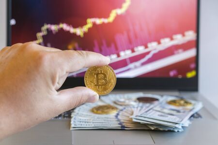 Bitcoin price increase chart. Bitcoins growth chart. Bitcoins and New Virtual money concept. Growth...