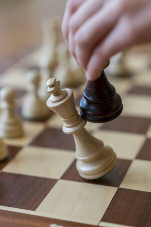 playing wooden chess pieces. Chess game. The fall of the king. Vertical photo.