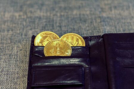 crypto currency coin in leather wallet on grey background bitcoin ethereum litecoin. financial wellness.の写真素材