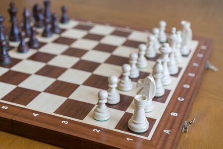 Chess pieces in front of a chessboard.