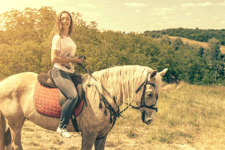 the rider on the white horse. Young horsewoman riding on white horse, outdoors view. girl on white horse runs free. tonedの写真素材