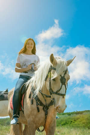 the rider on the white horse. Young horsewoman riding on white horse, outdoors view. girl on white horse runs free. tonedの写真素材