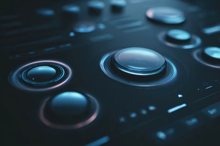 Detailed controls on a modern panel show intricate designs and vibrant lighting.の素材