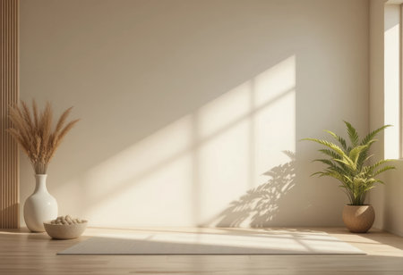 A serene indoor area featuring plants, a light backdrop, and soft sunlight streaming through the window.の素材