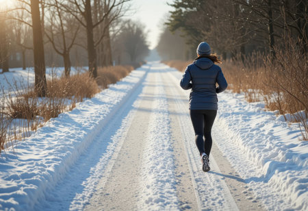 A person jogs along a snow-covered path surrounded by trees during early morning light.の素材
