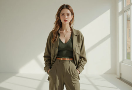 A fashionable woman stands confidently in a trendy outfit, showcasing her style in a well-lit indoor setting.の素材