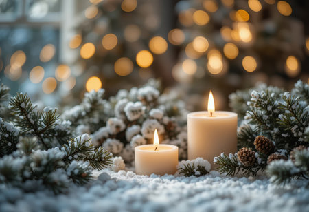 Candle flames illuminate a winter scene adorned with snow and holiday decorations, creating a cozy atmosphere.の素材