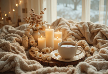 A warm drink sits on a wooden tray surrounded by candles and soft blankets, creating a cozy atmosphere.の素材
