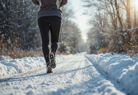 A person jogs along a snowy trail, surrounded by trees, enjoying the crisp winter air and sunlight.の素材