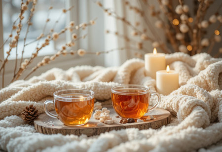 Two clear cups of tea sit on a wooden board next to candles and decorative plants in a cozy setting.の素材