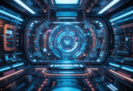 A futuristic control room features glowing blue and orange technology in a sleek design, suggesting advanced computing.の素材