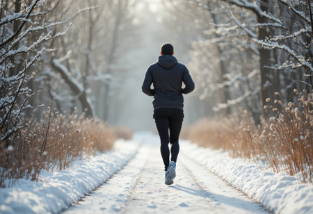 A person jogs along a snowy path in a quiet forest as the sun rises in the background.の素材