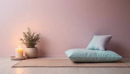 A calming area featuring a mint green cushion, a potted plant, and a lit candle creating a soothing atmosphere.の素材