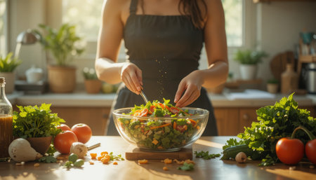 A person mixes a colorful salad with fresh vegetables in a bright kitchen. Sunlight illuminates the scene.の素材