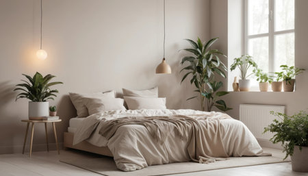 A serene bedroom featuring a large bed, warm lighting, and abundant indoor plants creates a calming atmosphere.の素材