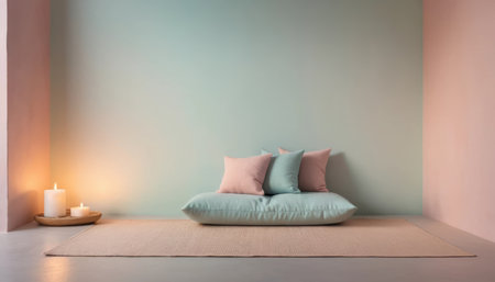 A relaxing corner showcases soft cushions and gentle lighting in tranquil pastel shades, perfect for unwinding.の素材