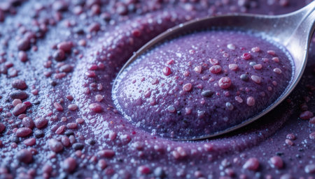 A creamy purple smoothie filled with tiny seeds rests on a smooth surface, reflecting natural light.の素材