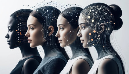 Four female figures represent the blend of humanity and technology, showcasing AI's artistic journey.の素材