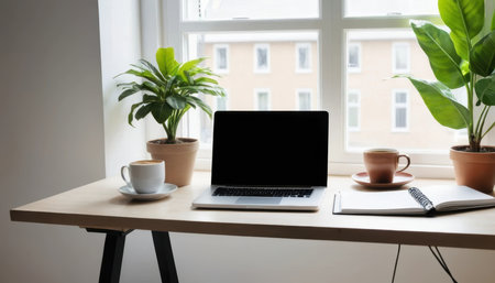 A serene workspace features potted plants, a laptop, and coffee cups beside a bright window.の素材