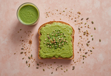 Creamy green spread topped with seeds rests on toasted bread beside a green smoothie.の素材
