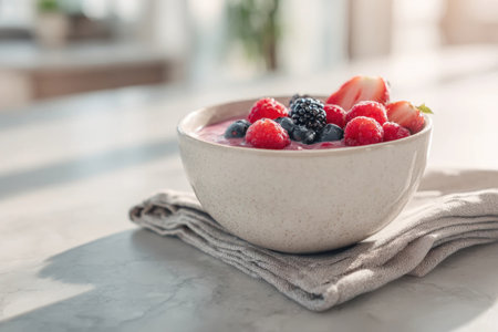 A bowl filled with yogurt and topped with raspberries, blueberries, and strawberries on a kitchen counter.の素材