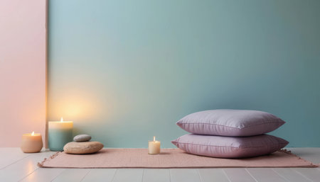 Soft cushions and candles create a serene space for meditation and relaxation in comforting colors.の素材