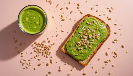 A bowl of green smoothie sits beside a slice of toast smeared with green spread and sprinkled with seeds.の素材