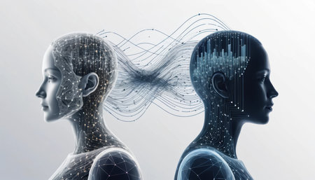 Two digital figures face each other, illustrating a blend of technology and humanity through data streams and patterns.の素材