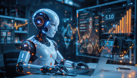 Humanoid robot engages with multiple screens, analyzing complex financial charts in a high-tech environment.の素材