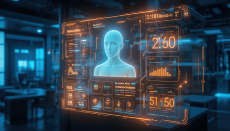 A lifelike virtual assistant displays data in a modern workspace filled with technology.の素材