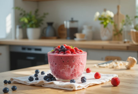 A colorful berry dessert sits in a glass bowl, surrounded by fresh berries in a sunlit kitchen.の素材