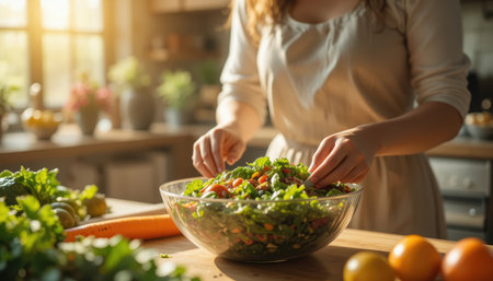 A person mixes colorful vegetables in a large bowl while surrounded by fresh produce in a warm kitchen.の素材