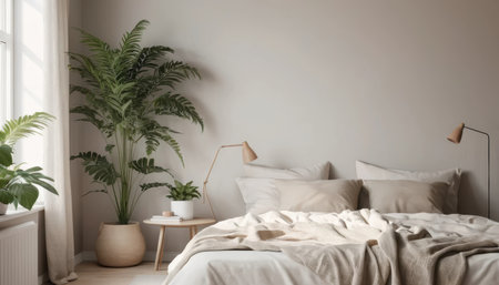 Cozy bedroom featuring plants, soft bedding, and warm lighting creates a tranquil atmosphere.の素材