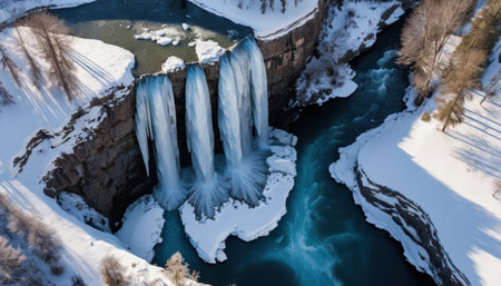 Water flows from a cliff into a river below surrounded by snow and ice during winter.の素材
